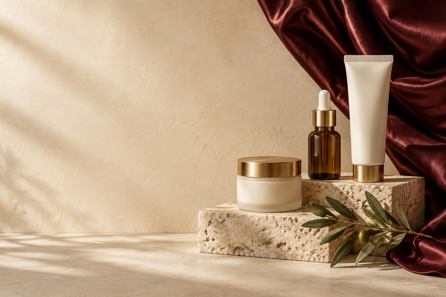 Gold-capped skincare essentials with burgundy silk and natural stone